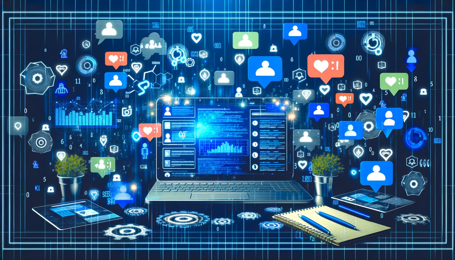 Illustration eines stylischen, digitalen Arbeitsplatzes mit Laptop, Social-Media-Statistiken, Notizzetteln und Avataren, die über Chat kommunizieren, im blau-neon Farbschema.