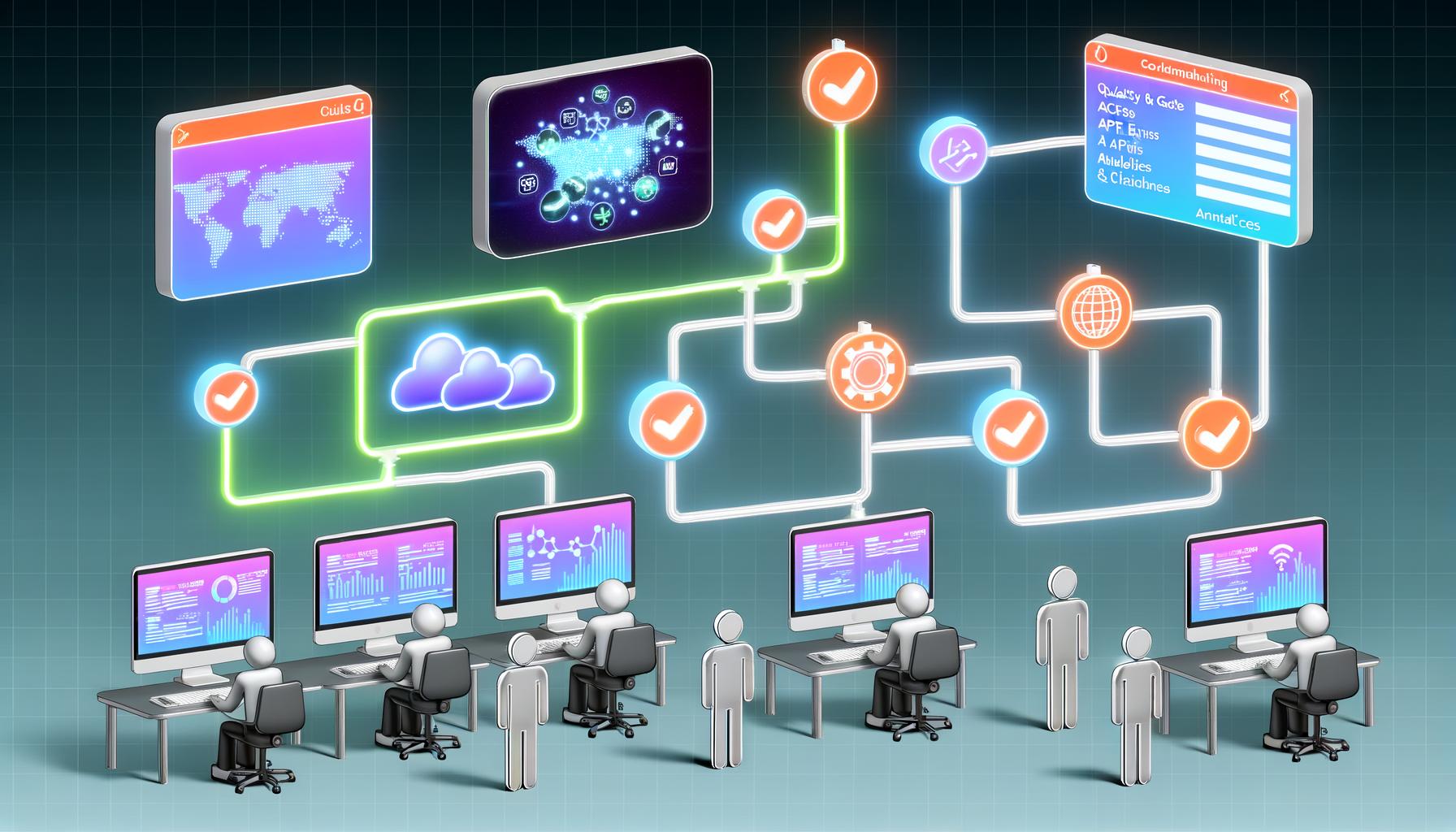 Illustration eines vernetzten, automatisierten Content-Workflows mit Headless CMS, KI, APIs, leuchtenden Datenströmen, Dashboards und Monitoring im futuristischen Stil.