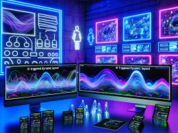 Futuristisch gestalteter Arbeitsplatz eines Webdesigners mit zwei gebogenen Monitoren, dynamischen Weblayouts, schwebenden UI-Elementen, Analytics-Panels und digitalen Assistenten in lebendigen Neonfarben.