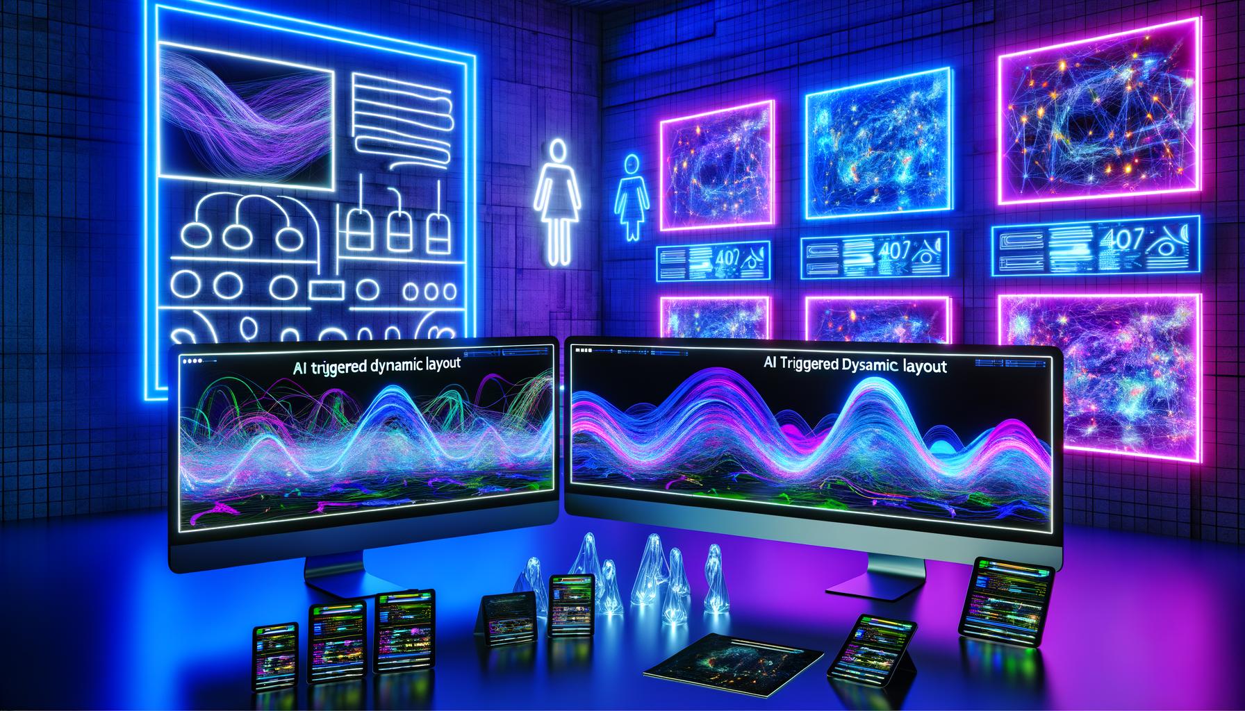 Futuristisch gestalteter Arbeitsplatz eines Webdesigners mit zwei gebogenen Monitoren, dynamischen Weblayouts, schwebenden UI-Elementen, Analytics-Panels und digitalen Assistenten in lebendigen Neonfarben.