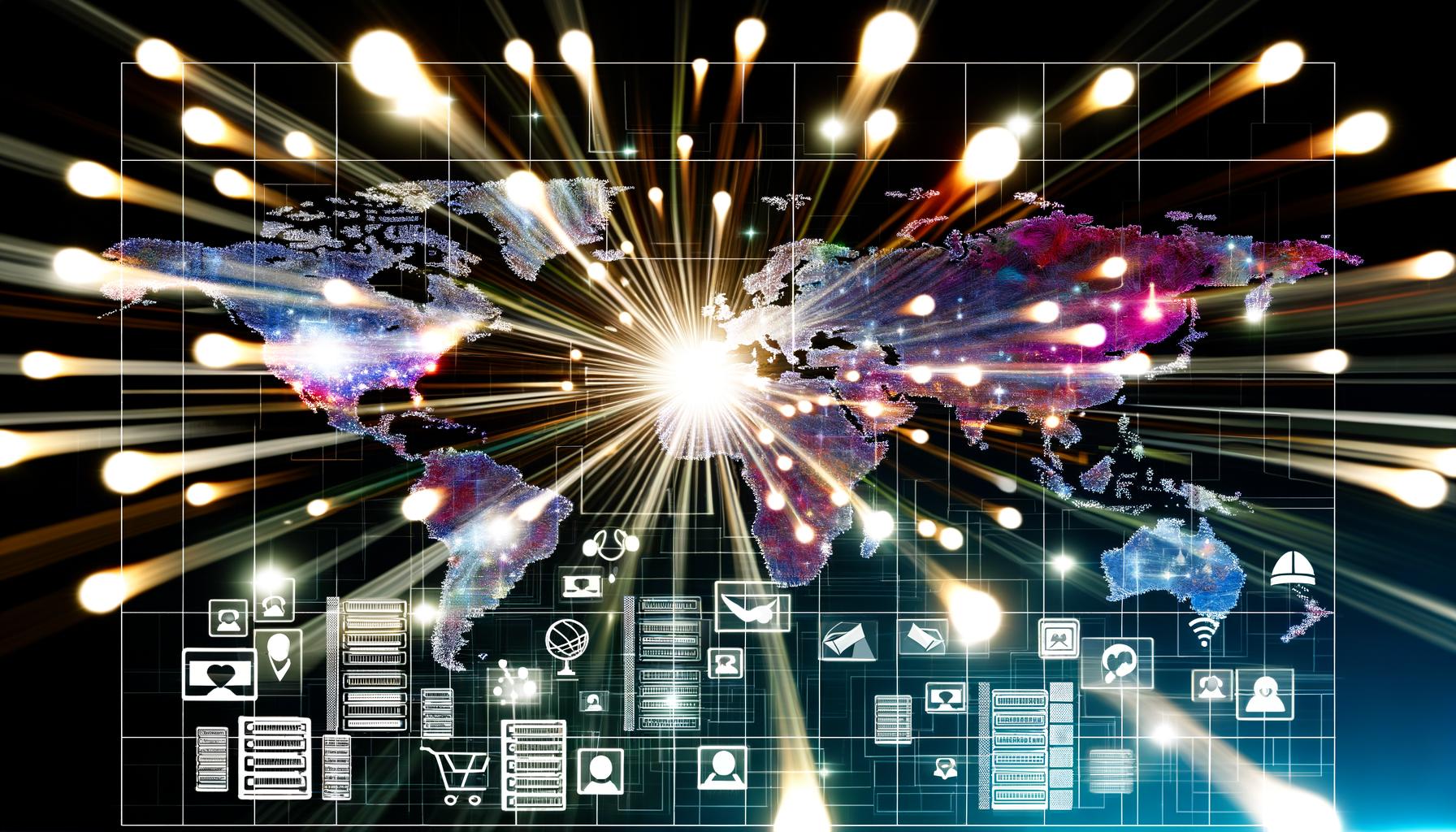 Abstraktes, futuristisches Datennetzwerk als leuchtende Knotenmatrix auf digitaler Weltkarte mit Lichtstrahlen, Server und modernen Symbolen