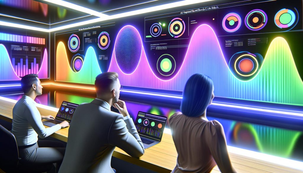 Zwei Marketing-Manager betrachten futuristische, schwebende Bildschirme mit bunten Diagrammen, Cluster-Analysen und Heatmaps in einem modernen, datengetriebenen Büro.