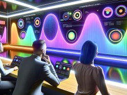 Zwei Marketing-Manager betrachten futuristische, schwebende Bildschirme mit bunten Diagrammen, Cluster-Analysen und Heatmaps in einem modernen, datengetriebenen Büro.