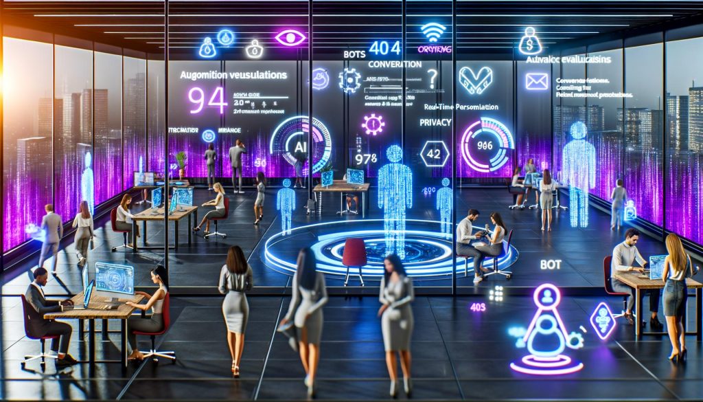 Futuristisches Großraumbüro mit Hologrammen, transparenten Screens, KI-Dashboards und leuchtendem 404-Schriftzug im Hintergrund.