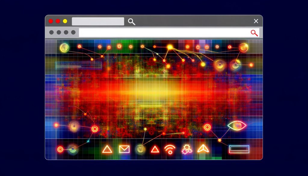 Browserfenster mit modernem, KI-basiertem Conversion-Heatmap-Overlay, das bunte Bereiche über wichtige UI-Elemente wie Buttons und Formulare legt, mit digitalen Linien und Symbolen für Analyse und Computer Vision.