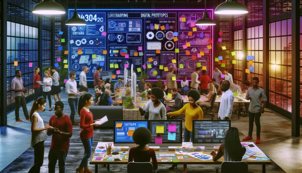 Futuristischer Büroraum mit diversen Unternehmerteams, die an digitalen Prototypen, Post-Its und Laptops arbeiten, während große Bildschirme Analysedaten und Nutzerflüsse zeigen.