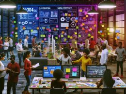 Futuristischer Büroraum mit diversen Unternehmerteams, die an digitalen Prototypen, Post-Its und Laptops arbeiten, während große Bildschirme Analysedaten und Nutzerflüsse zeigen.