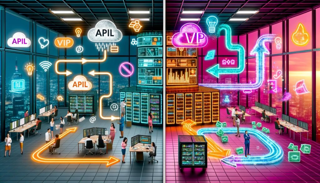 Verschiedene Visualisierungen von modernen, automatisierten Content-Workflows mit API-getriebenen Tools, Dashboards, hochmodernen Geräten und globaler Netzwerk-Performance sowie dem Kontrast zu manuellen Marketing-Prozessen.
