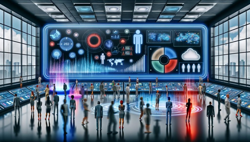 Illustration eines modernen digitalen Maschinenraums mit Marketers und Data Scientists vor großen holografischen Dashboards, Echtzeit-Datenströmen und verbundenen Endgeräten.
