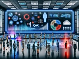 Illustration eines modernen digitalen Maschinenraums mit Marketers und Data Scientists vor großen holografischen Dashboards, Echtzeit-Datenströmen und verbundenen Endgeräten.