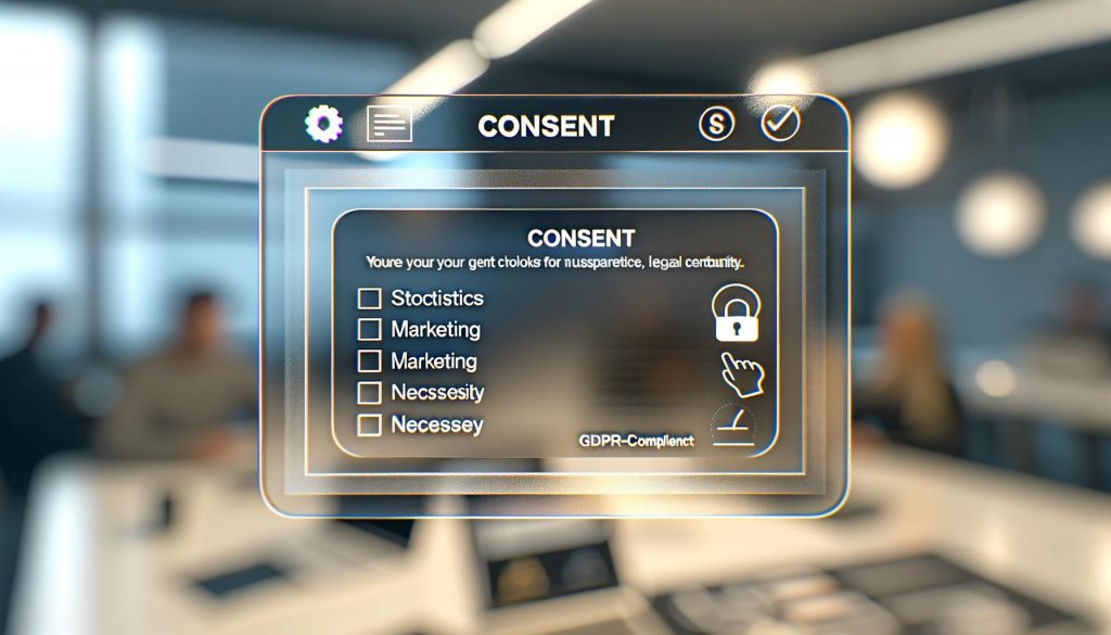 Modernes Web-Interface mit minimalistischem Consent Banner und gleich sichtbaren Auswahlmöglichkeiten für verschiedene Cookie-Kategorien, im Hintergrund unscharfe Website-Elemente.