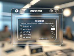 Modernes Web-Interface mit minimalistischem Consent Banner und gleich sichtbaren Auswahlmöglichkeiten für verschiedene Cookie-Kategorien, im Hintergrund unscharfe Website-Elemente.