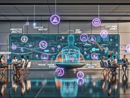 Hochmodernes Marketingbüro 2025 mit holographischen Dashboards, digitalen Zwillingen und KI-gesteuerten Datenströmen in einer futuristischen Umgebung.