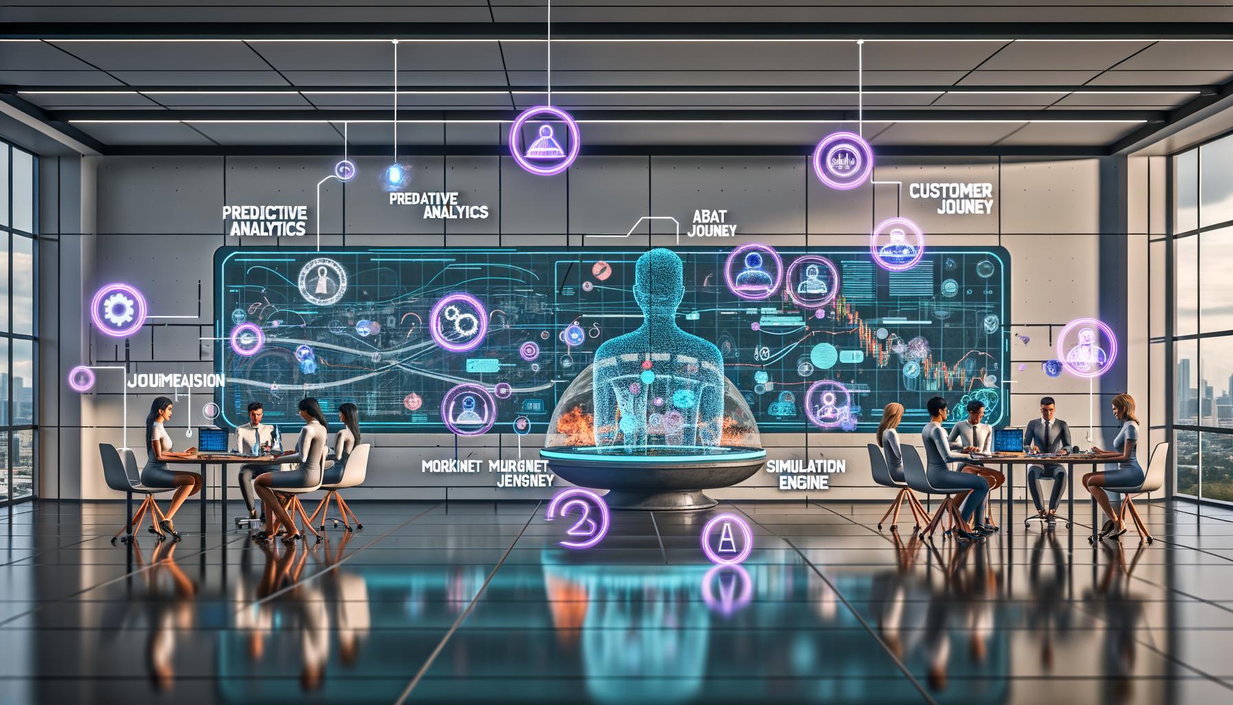 Hochmodernes Marketingbüro 2025 mit holographischen Dashboards, digitalen Zwillingen und KI-gesteuerten Datenströmen in einer futuristischen Umgebung.