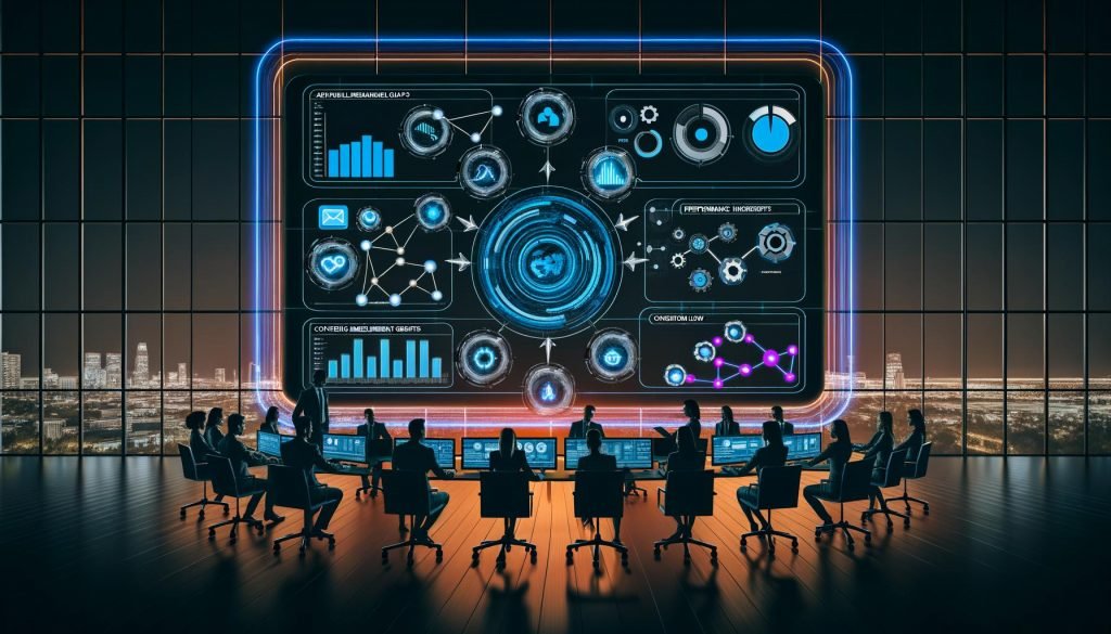 Futuristische Büroumgebung mit großem digitalen Marketing-Dashboard, auf dem Marketingteams Echtzeitdaten und Kampagnenmetriken analysieren