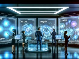 Führungskräfte im futuristischen Kommandocenter mit digitalen Dashboards, holographischen Diagrammen und vernetzten Datenströmen zwischen Data Lake, CDP, Analytics und Activation.