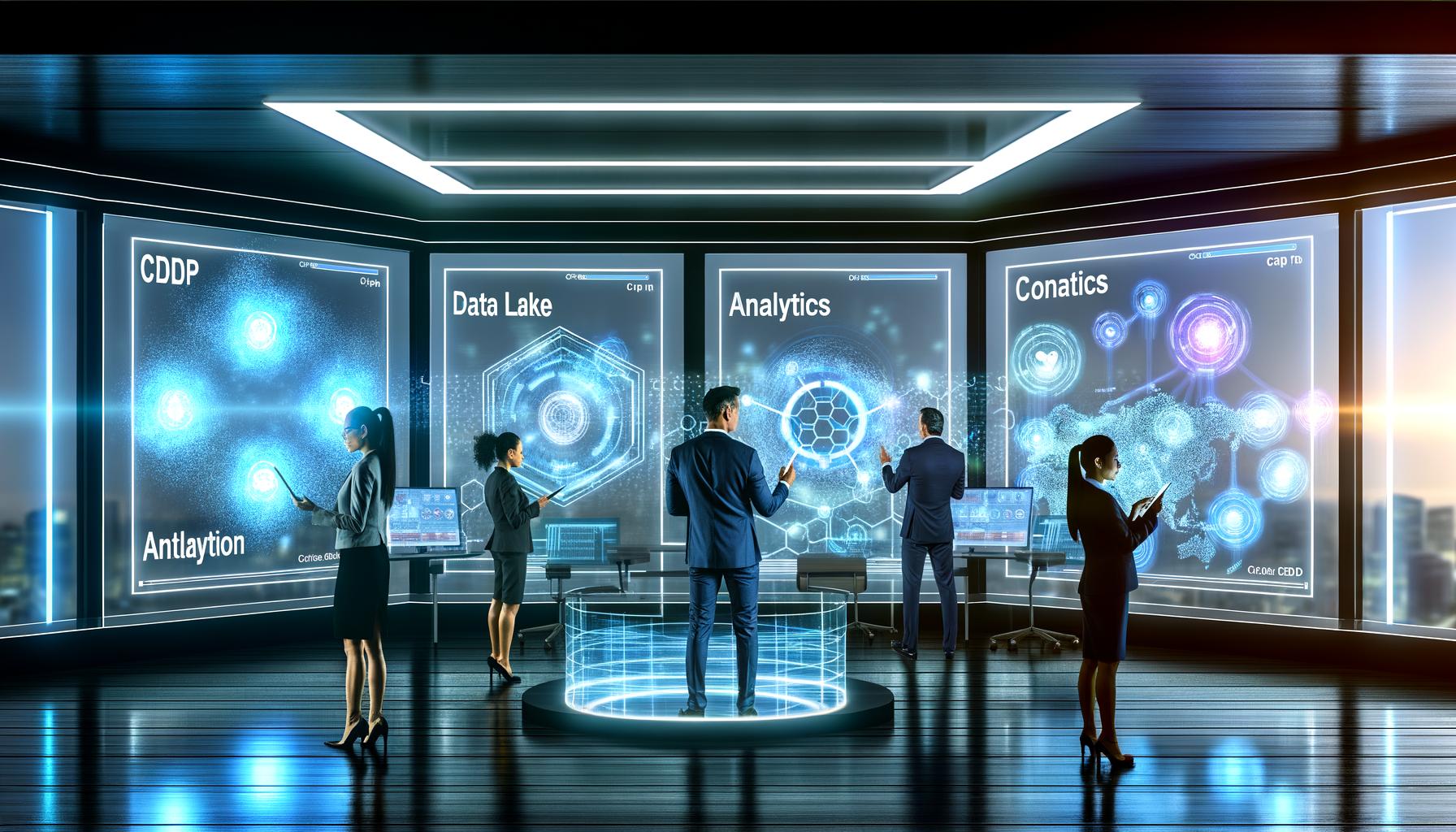 Führungskräfte im futuristischen Kommandocenter mit digitalen Dashboards, holographischen Diagrammen und vernetzten Datenströmen zwischen Data Lake, CDP, Analytics und Activation.