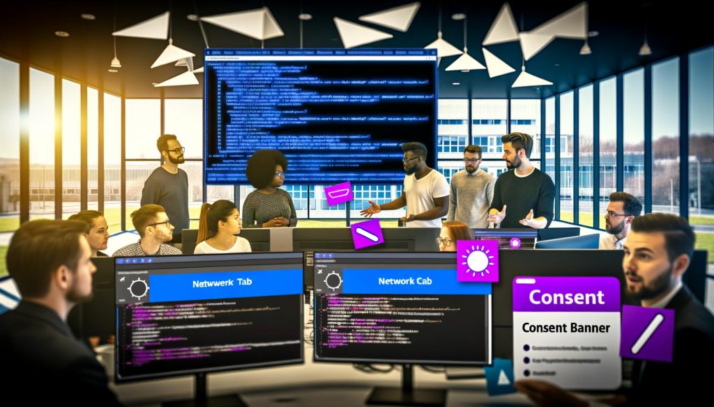 Digitales Marketingteam testet im modernen Büro mit Entwickler-Tools und Checklisten einen auffälligen Consent-Banner für DSGVO- und ePrivacy-Konformität. Whiteboard mit rechtlichen Stichwörtern im Hintergrund.