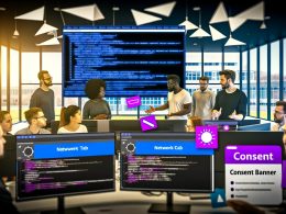 Digitales Marketingteam testet im modernen Büro mit Entwickler-Tools und Checklisten einen auffälligen Consent-Banner für DSGVO- und ePrivacy-Konformität. Whiteboard mit rechtlichen Stichwörtern im Hintergrund.