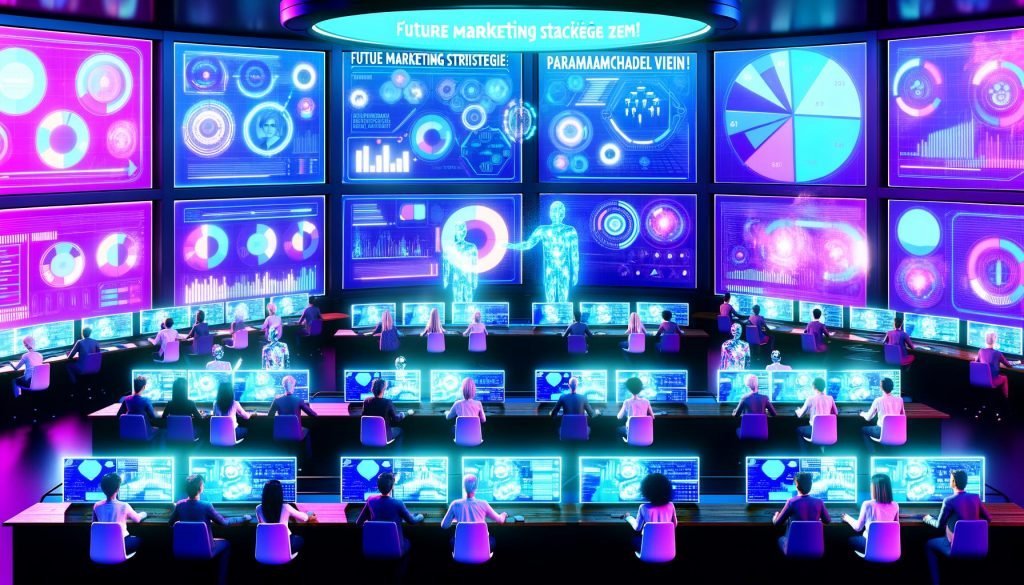Technologen und Marketingexperten analysieren in einer hochmodernen Schaltzentrale KI-gesteuerte Marketingdaten auf leuchtenden Monitoren, während ein Billboard die Zukunft des Marketings ausruft.