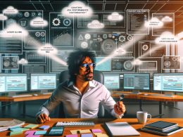 Content Delivery Editor an Schreibtisch im modernen Büro mit Monitoren voller SEO-, Performance- und CMS-Daten, im Hintergrund visualisierte Content-Ströme zu verschiedenen Geräten.