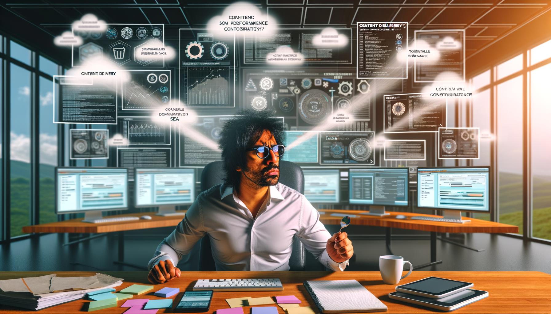 Content Delivery Editor an Schreibtisch im modernen Büro mit Monitoren voller SEO-, Performance- und CMS-Daten, im Hintergrund visualisierte Content-Ströme zu verschiedenen Geräten.