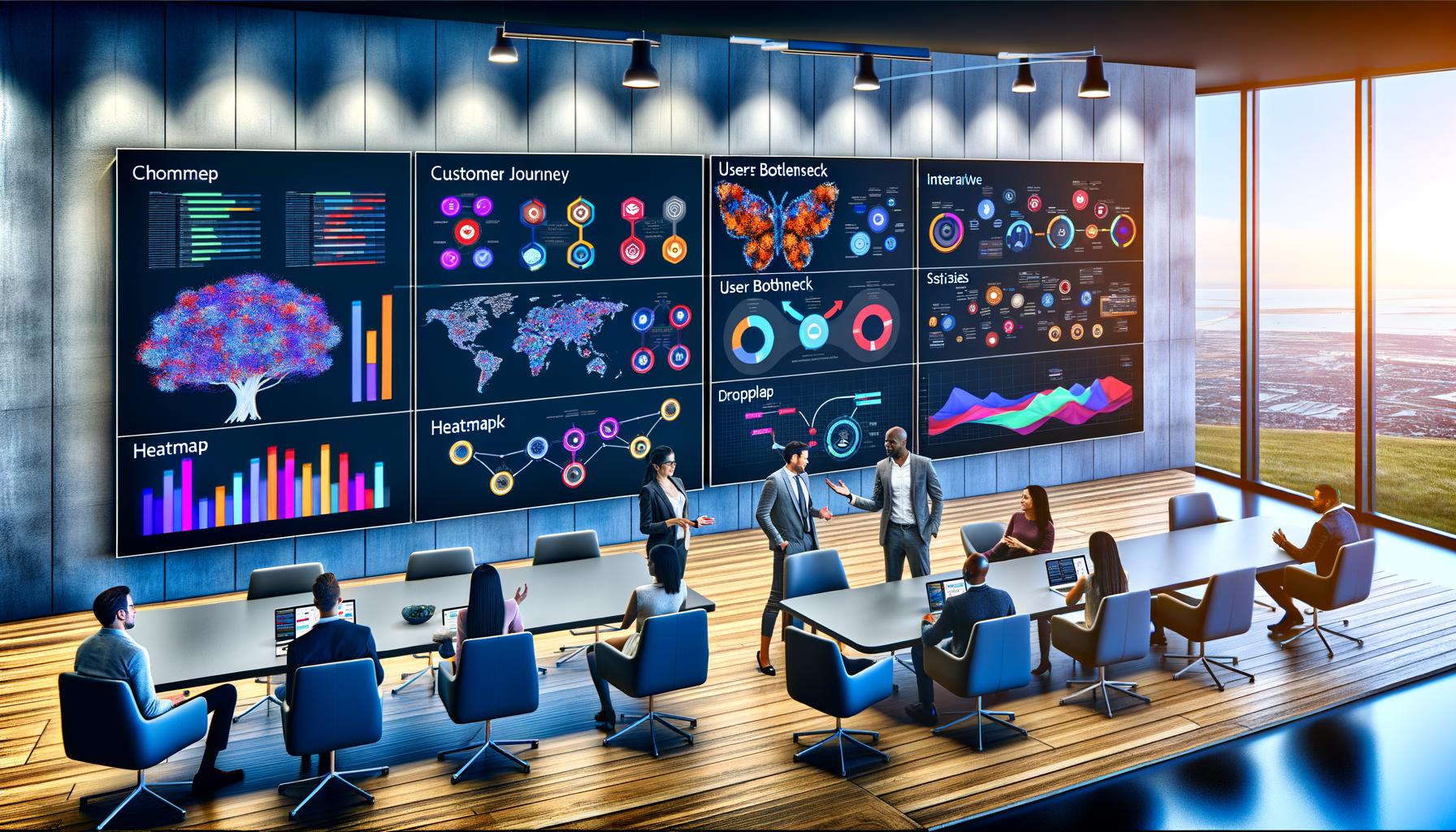 Modernes Büro mit digitalen Bildschirmen und vielfältigen Datenvisualisierungen, an denen Teams bestehend aus Marketing, Analyse und Management zusammenarbeiten.