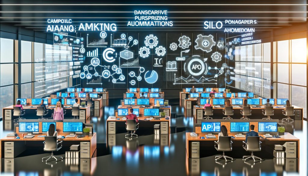 Futuristisches Büro mit diversen Teams, die an holographischen Dashboards und Monitoren arbeiten, API-Schnittstellen und KI-gesteuerte Analysen visualisieren die digitale Transformation im Vergleich zu verblassenden analogen Silos.