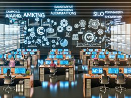 Futuristisches Büro mit diversen Teams, die an holographischen Dashboards und Monitoren arbeiten, API-Schnittstellen und KI-gesteuerte Analysen visualisieren die digitale Transformation im Vergleich zu verblassenden analogen Silos.