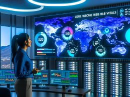 Marketer in moderner Kontrollzentrale beobachtet globale Netzwerkverbindungen, Core Web Vitals und SEO-Daten auf LED-Weltkarte und Monitoren