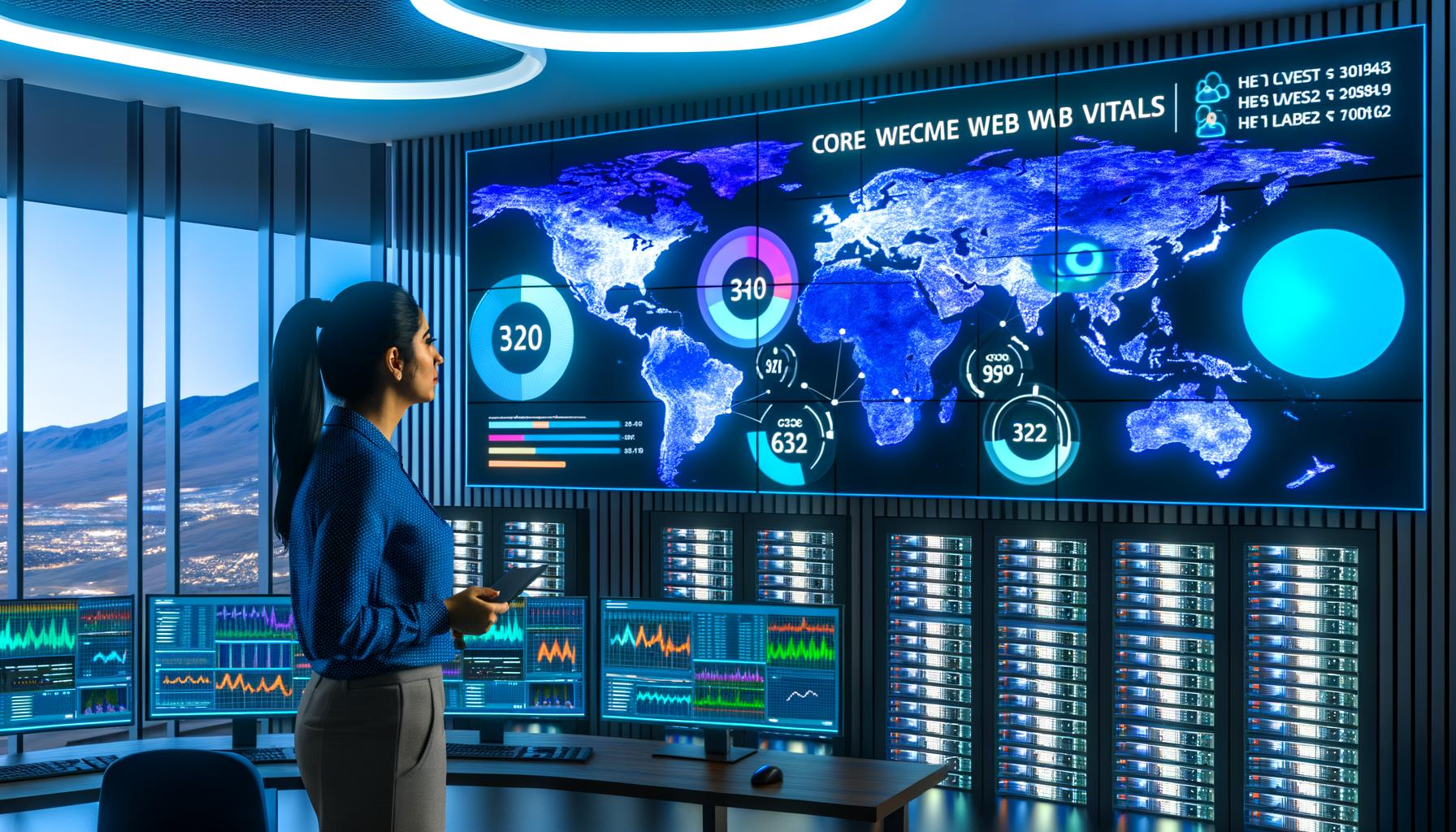 Marketer in moderner Kontrollzentrale beobachtet globale Netzwerkverbindungen, Core Web Vitals und SEO-Daten auf LED-Weltkarte und Monitoren