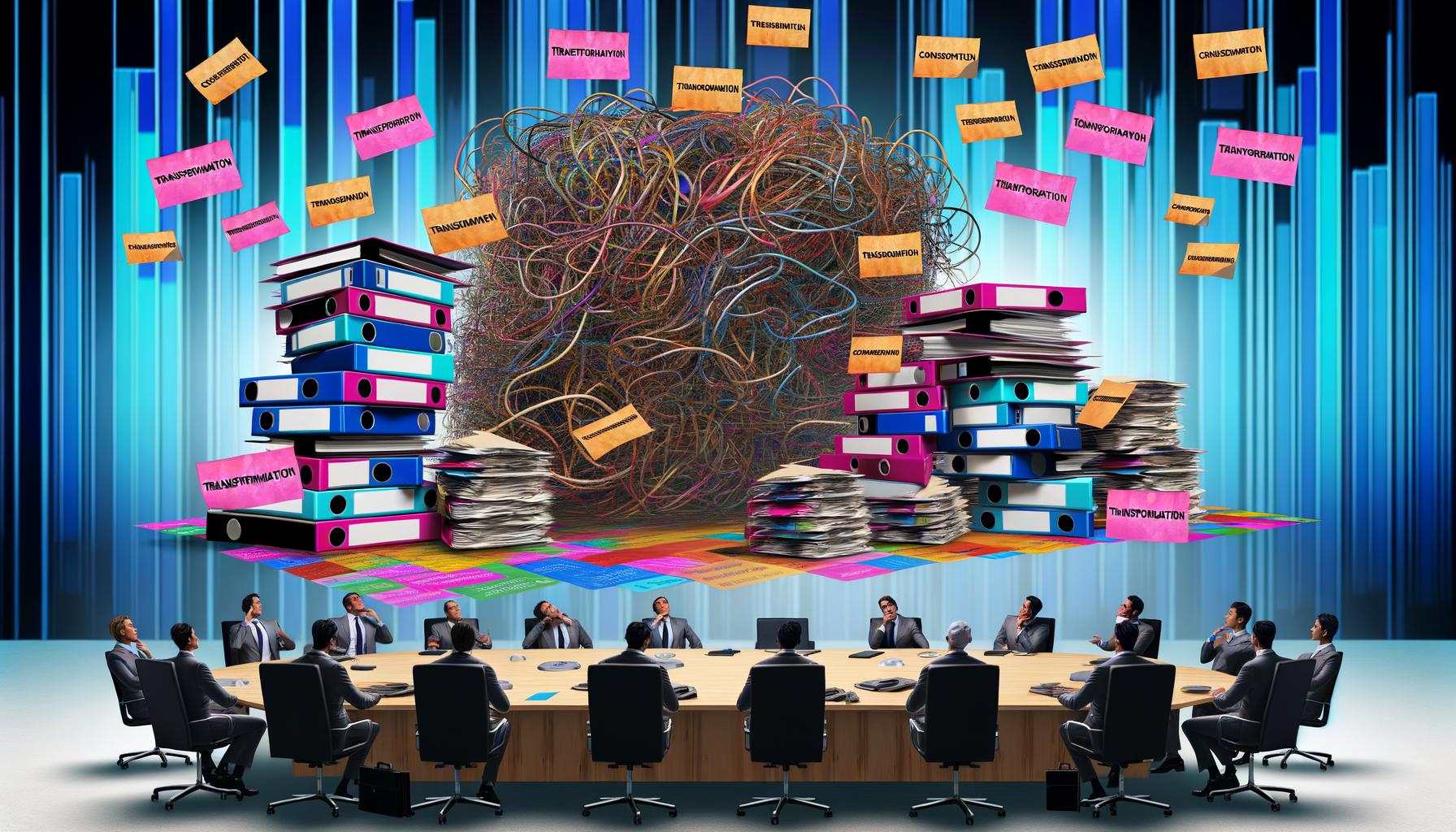 Modernes Chaos in einem Regierungsbüro: Akten, PowerPoint-Folien, klebende Notizen, verwirrte Menschen und ein riesiges Kabelgewirr als Symbol für digitale Probleme.