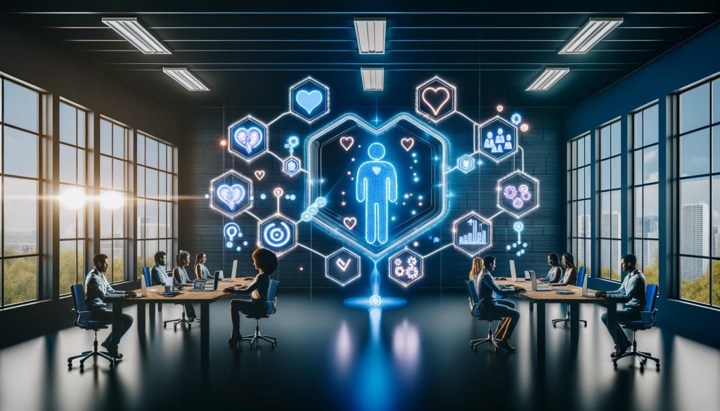 Futuristisch designtes Büro mit Marketingexperten, die holografische Daten und ein zentrales 3D Customer Insights Framework mit Webanalyse, KI und Kundenreise-Icons analysieren.