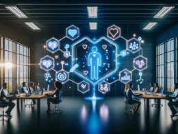 Futuristisch designtes Büro mit Marketingexperten, die holografische Daten und ein zentrales 3D Customer Insights Framework mit Webanalyse, KI und Kundenreise-Icons analysieren.