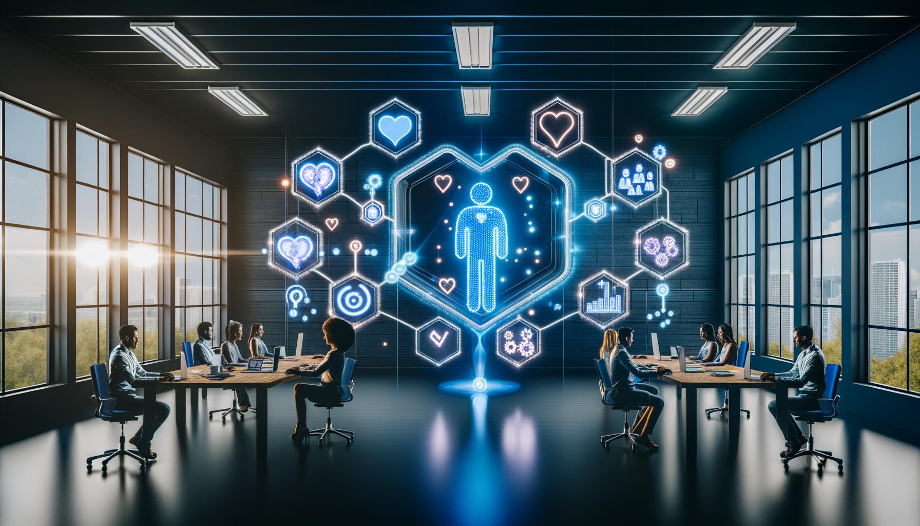 Futuristisch designtes Büro mit Marketingexperten, die holografische Daten und ein zentrales 3D Customer Insights Framework mit Webanalyse, KI und Kundenreise-Icons analysieren.