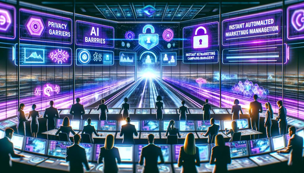 Futuristisches Marketing-Kontrollzentrum mit digitalen Dashboards, KI-Analysen, Datenschutz-Symbolen und Plattform-Logos von Google, TikTok und Meta in einer neonbeleuchteten Hightech-Atmosphäre.