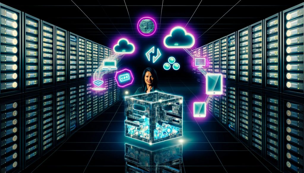 Digitaler Maschinenraum mit leuchtenden Schnittstellen und Icons für Headless-CMS, Frontend-Frameworks, API-Layer und Edge-Networks, verbunden durch glühende Datenströme; im Vordergrund wirft ein Marketing-Profi ein Standard-CMS weg und hält eine futuristische Steuerkonsole, im Hintergrund Server, Cloud-Symbole und Geräte.