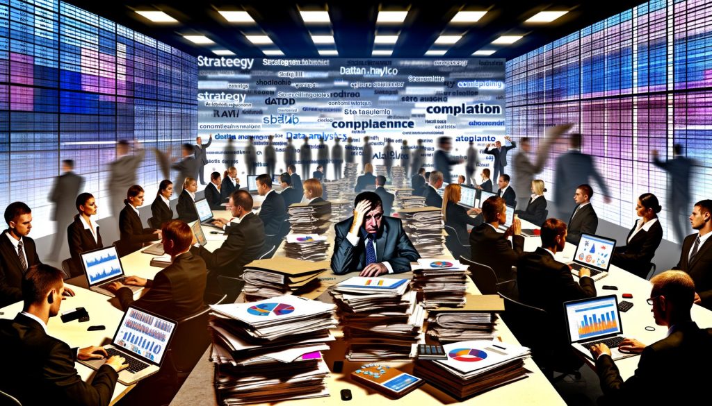 Politiker und Berater in einem überfüllten Büro mit Laptops, PowerPoint-Folien, bunten Diagrammen und digitalen Bildschirmen, die Strategie und Datenanalyse zeigen.