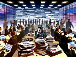 Politiker und Berater in einem überfüllten Büro mit Laptops, PowerPoint-Folien, bunten Diagrammen und digitalen Bildschirmen, die Strategie und Datenanalyse zeigen.