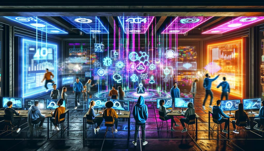 Futuristischer, industrieller Workspace mit multidisziplinären Marketern, digitalen Anzeigen und holographischen Datenvisualisierungen