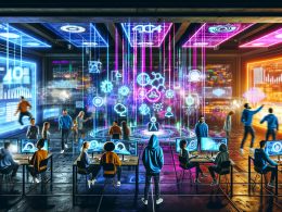 Futuristischer, industrieller Workspace mit multidisziplinären Marketern, digitalen Anzeigen und holographischen Datenvisualisierungen