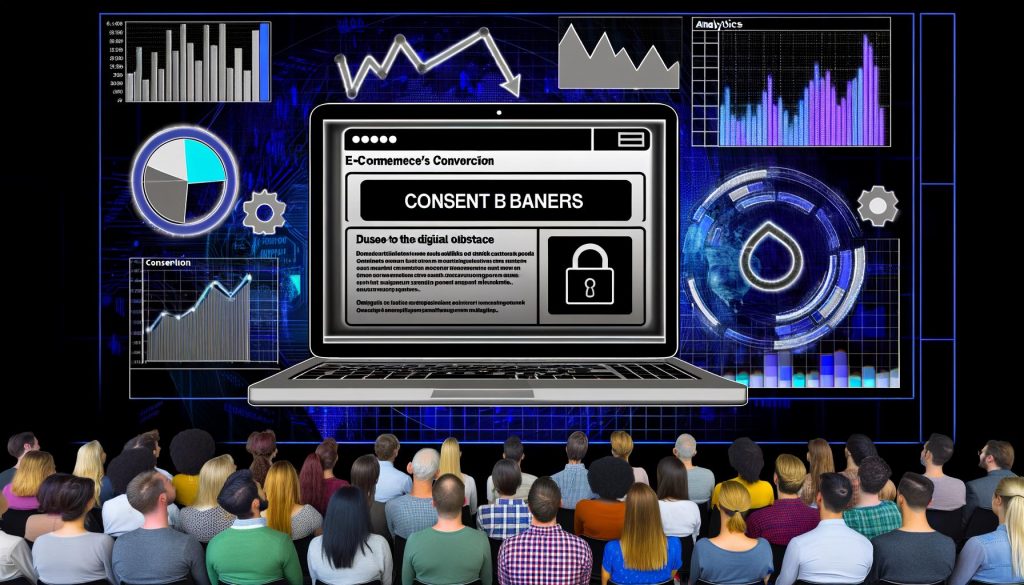 Auf einem Laptop verdeckt ein großer, halbtransparenter Consent-Banner fast die ganze E-Commerce-Landingpage. Besucher wirken verärgert und zögerlich, während im Hintergrund sinkende Analysediagramme auf Konversionsverluste hindeuten.