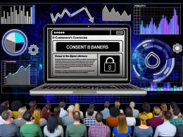 Auf einem Laptop verdeckt ein großer, halbtransparenter Consent-Banner fast die ganze E-Commerce-Landingpage. Besucher wirken verärgert und zögerlich, während im Hintergrund sinkende Analysediagramme auf Konversionsverluste hindeuten.