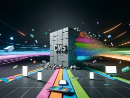 Futuristische Illustration eines zerbrechenden grauen CMS-Monolithen mit herausströmenden, bunten Daten, die sich zu verschiedenen digitalen Geräten verteilen.