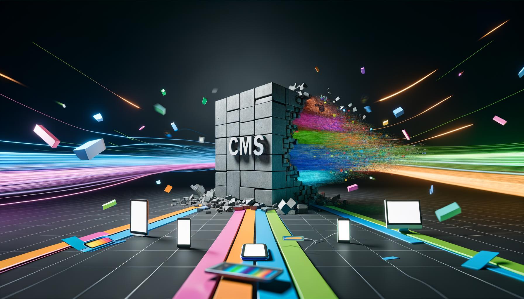 Futuristische Illustration eines zerbrechenden grauen CMS-Monolithen mit herausströmenden, bunten Daten, die sich zu verschiedenen digitalen Geräten verteilen.