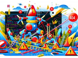 Comicartige Illustration eines digitalen Abenteuerspielplatzes mit Googlebot, umgeben von Warnschildern wie 404, 5xx, Timeout und JS-Error, kaputten Links und serverbezogenen Elementen.