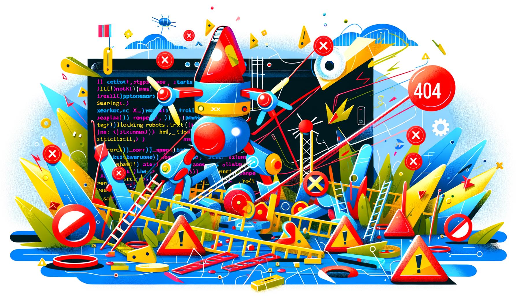 Comicartige Illustration eines digitalen Abenteuerspielplatzes mit Googlebot, umgeben von Warnschildern wie 404, 5xx, Timeout und JS-Error, kaputten Links und serverbezogenen Elementen.