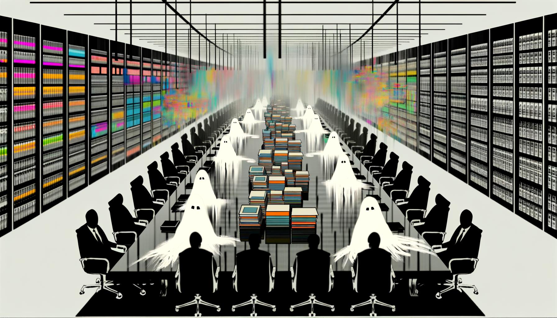 Düstere Illustration eines Konferenzraums mit anonymen Figuren in Anzügen, verschwommenen Masken, Aktenbergen, Kabeln und geisterhaften Datenströmen.