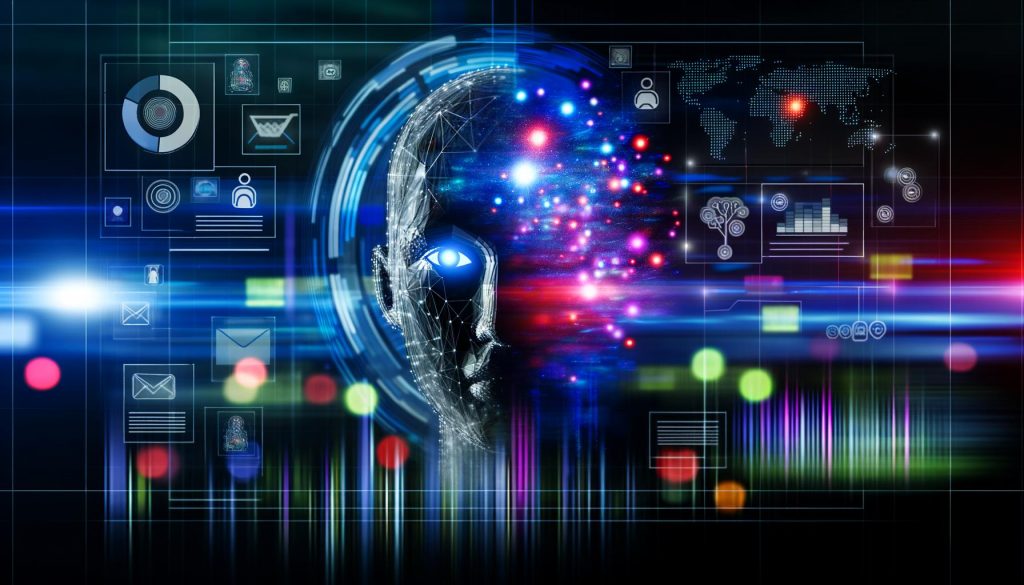 Abstrahierter menschlicher Kopf mit digitaler Überlagerung, umgeben von leuchtenden Datenpunkten, Analysen und Marketing-Symbolen in futuristischer Neon-Optik.