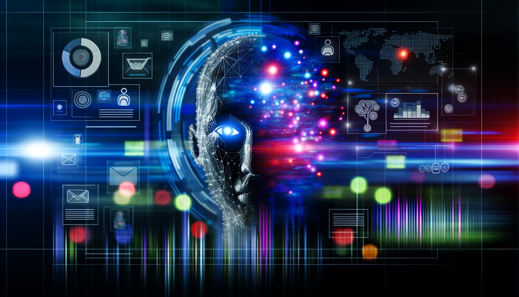 Abstrahierter menschlicher Kopf mit digitaler Überlagerung, umgeben von leuchtenden Datenpunkten, Analysen und Marketing-Symbolen in futuristischer Neon-Optik.